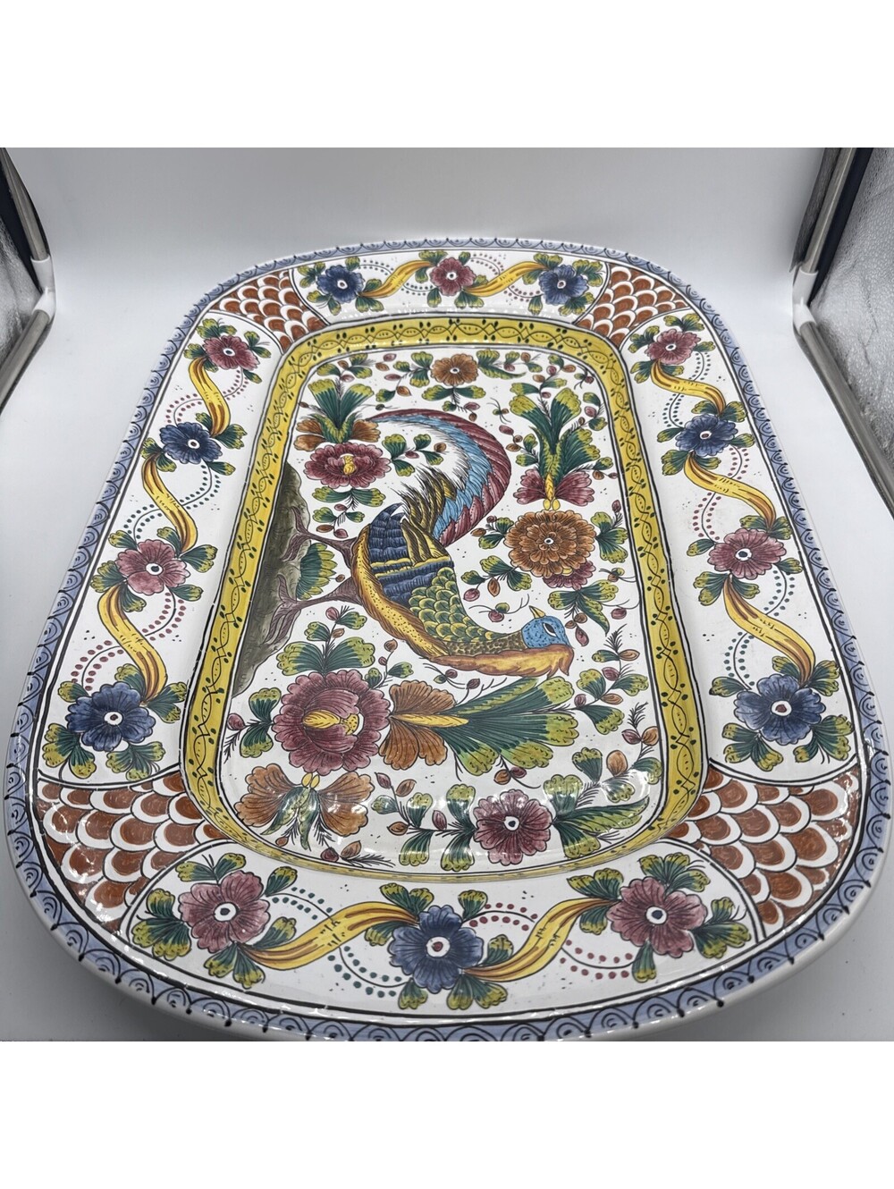 Vintage Portuguese Hand Painted Faience Platter XVII Century Bird Floral 23"